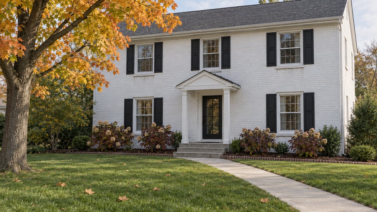 White-painted brick home with black shutters, a deep autumn lawn, and a mature maple beside its covered entrance.