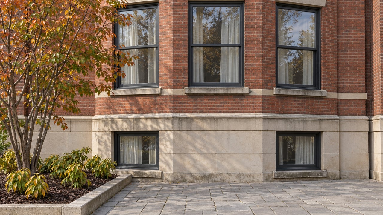 Close view of red-brick residential windows above a cream masonry base, with a copper-leaved serviceberry and a stone-edged planting bed.