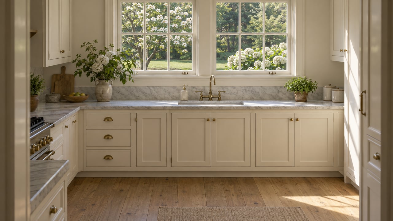 Warm off-white kitchen cabinets and brass faucet beneath paired windows overlooking a planted yard.