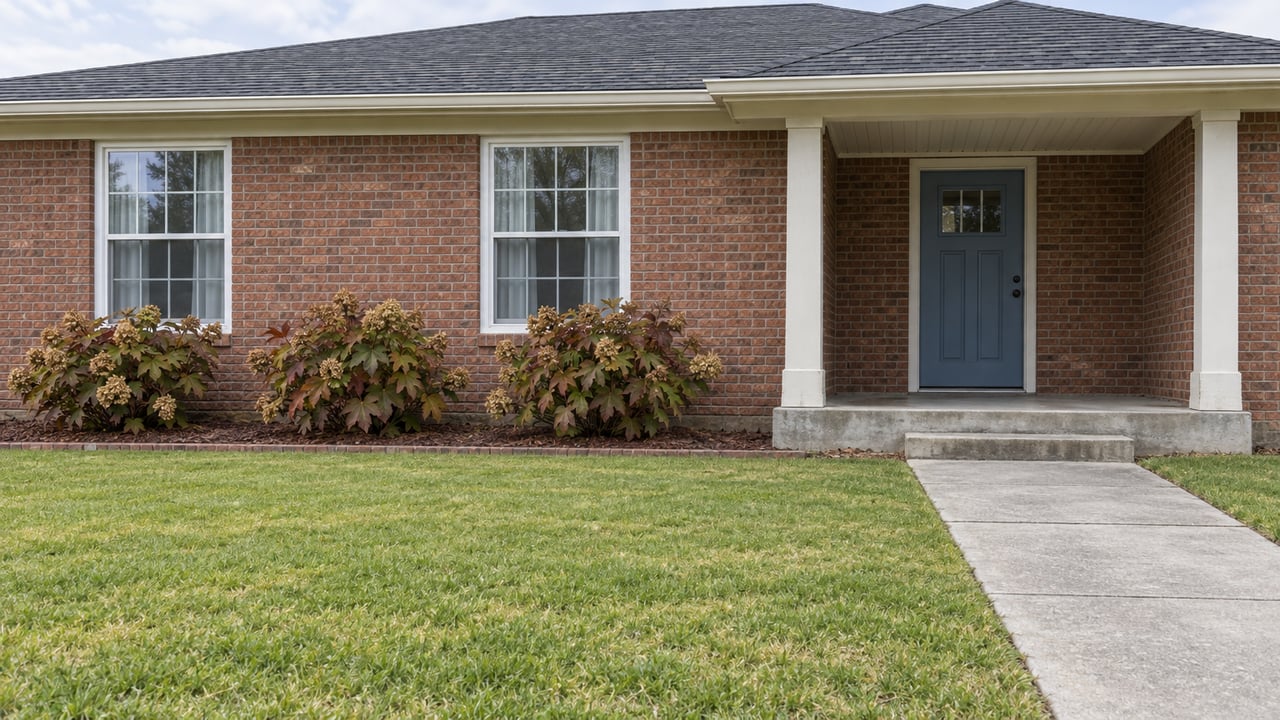 Updated red-brick home with white-trimmed windows, a blue front door, recessed porch, and a deep lawn bordered by oakleaf hydrangeas.