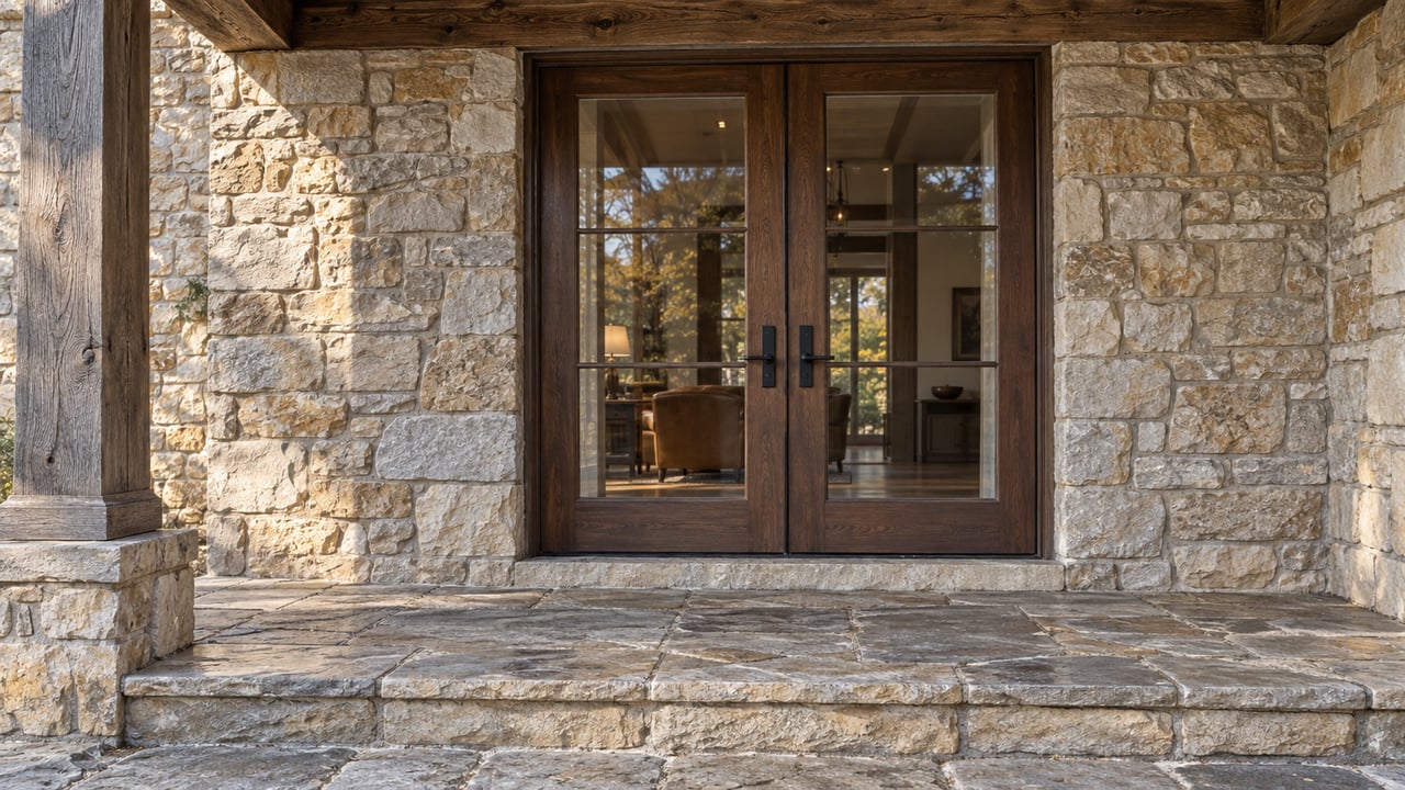 Autumn morning light on a limestone and timber entry porch with closed glazed French doors and a worn stone landing.