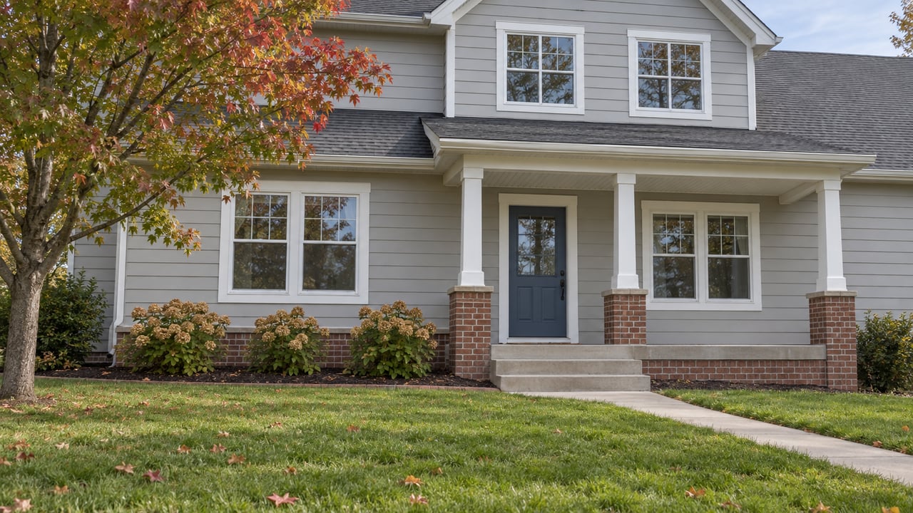 Light-gray two-story home with a blue front door, brick porch supports, a deep lawn and a maple beginning to turn red.