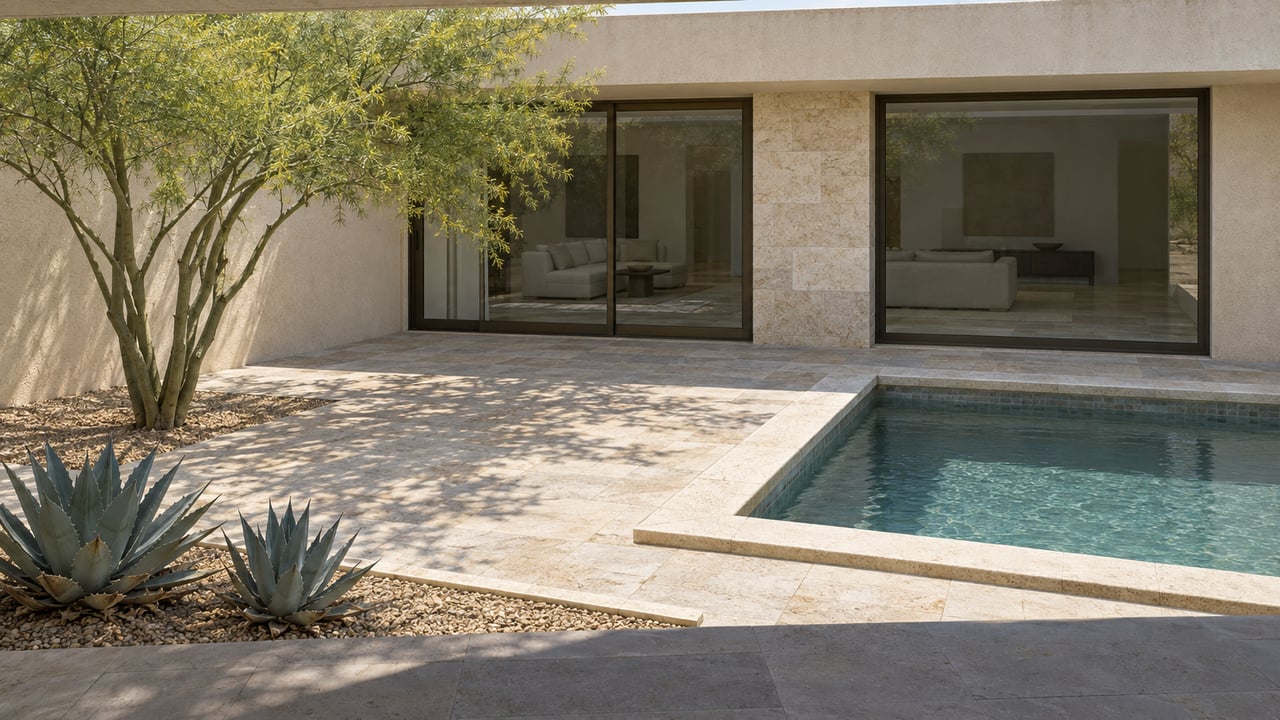 Elevated view of a low desert-modern home around a limestone courtyard and rectangular pool, with bronze-framed glazing, a palo verde tree and two agaves.