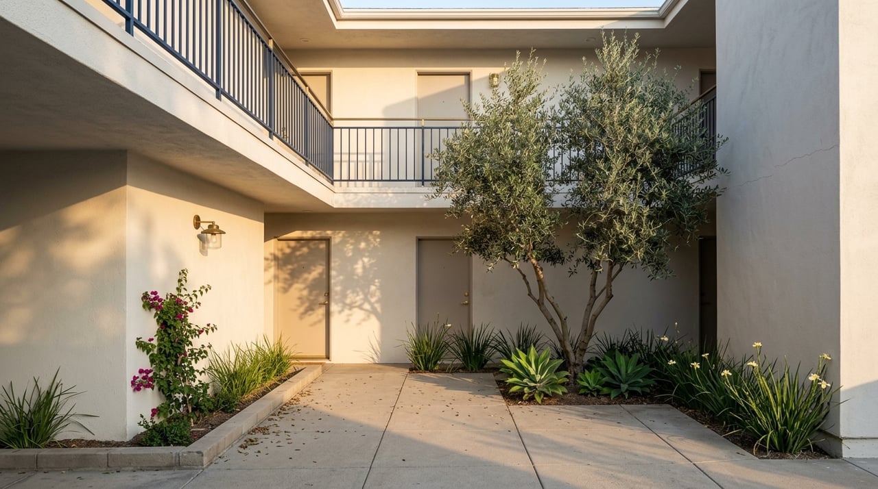 Apartment courtyard with an olive tree, agaves, magenta bougainvillea, and a navy second-floor railing.