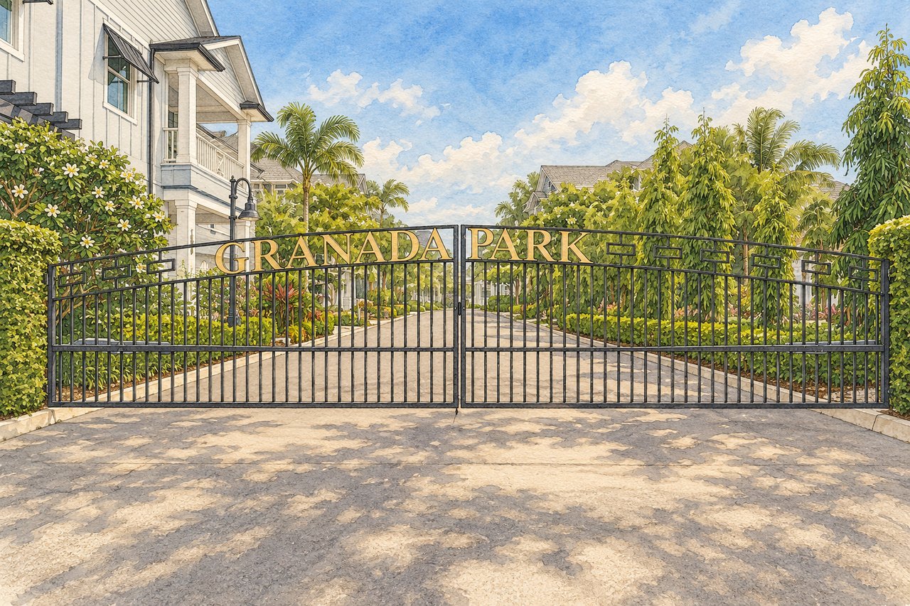 Granada Park entrance gate with a community sign, tropical landscaping, and homes beyond.