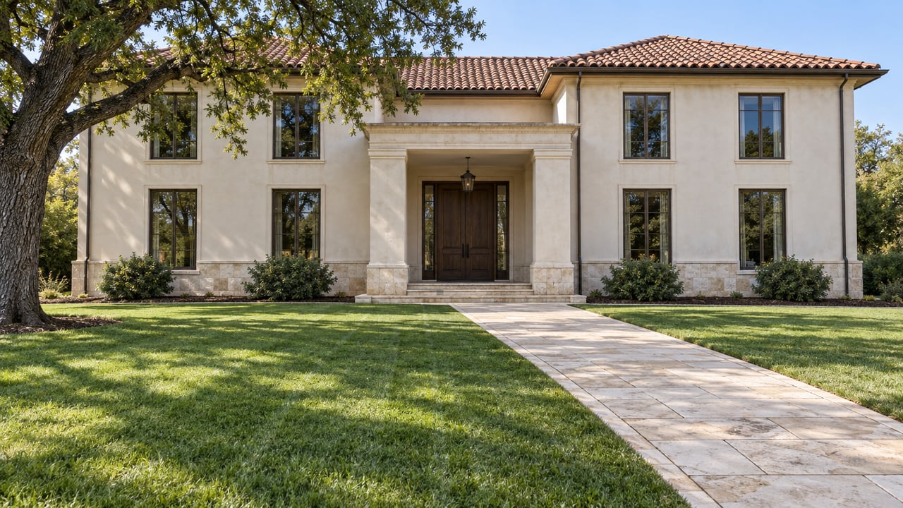 A broad lawn and limestone approach lead to a balanced stucco home with a tiled roof and a mature oak.