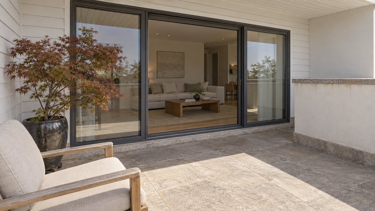 Covered condominium terrace with weathered teak seating, limestone paving and charcoal-framed glass doors into a bright living room.