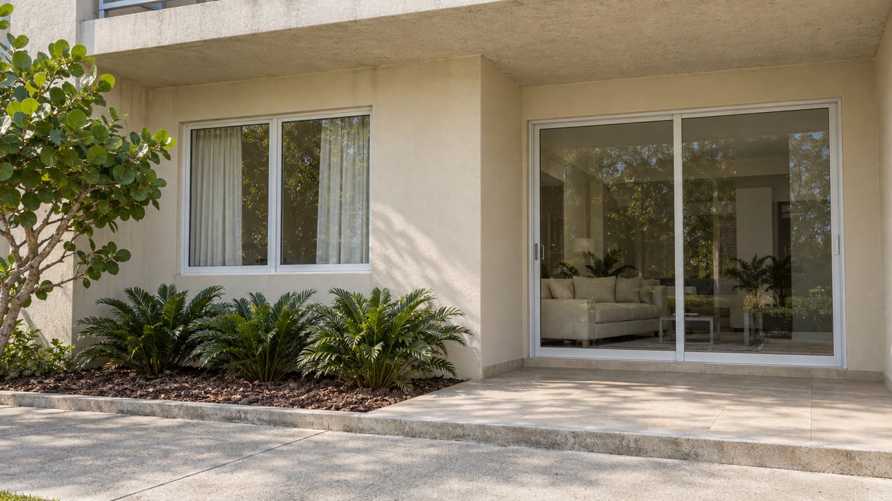 Sunlit condominium facade with ivory stucco, closed sliding glass doors, a tiled terrace and carefully spaced native planting.