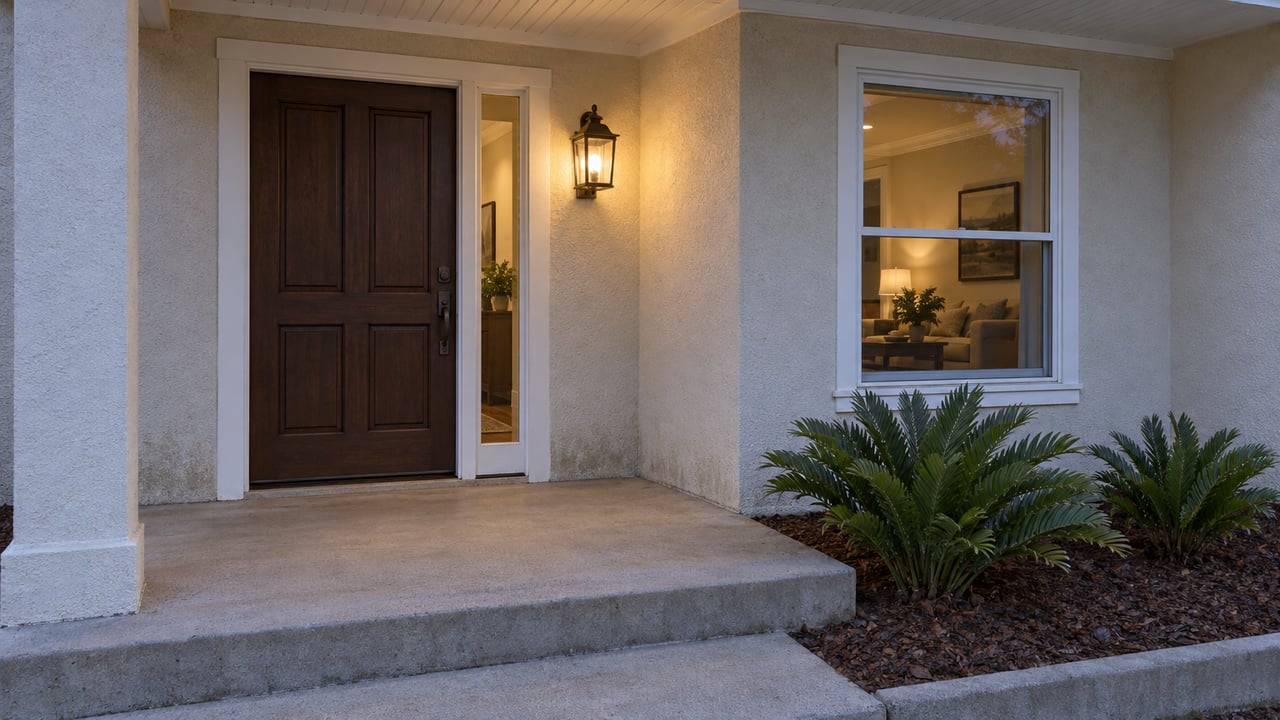 Covered stucco entry at dusk with a brown paneled door, warm lantern, white trim, and two coontie plants beside a concrete approach.