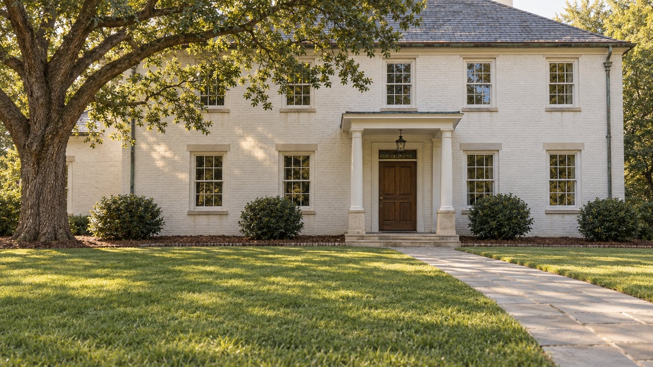 White painted-brick home beyond a broad lawn, with a mature white oak and a limestone entry walk in soft afternoon light.