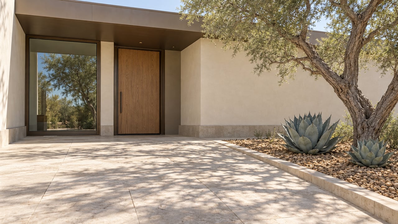 Low single-story home with an ivory stucco facade, sheltered oak entry door, bronze-framed glass and limestone approach beside an ironwood tree and two agaves.