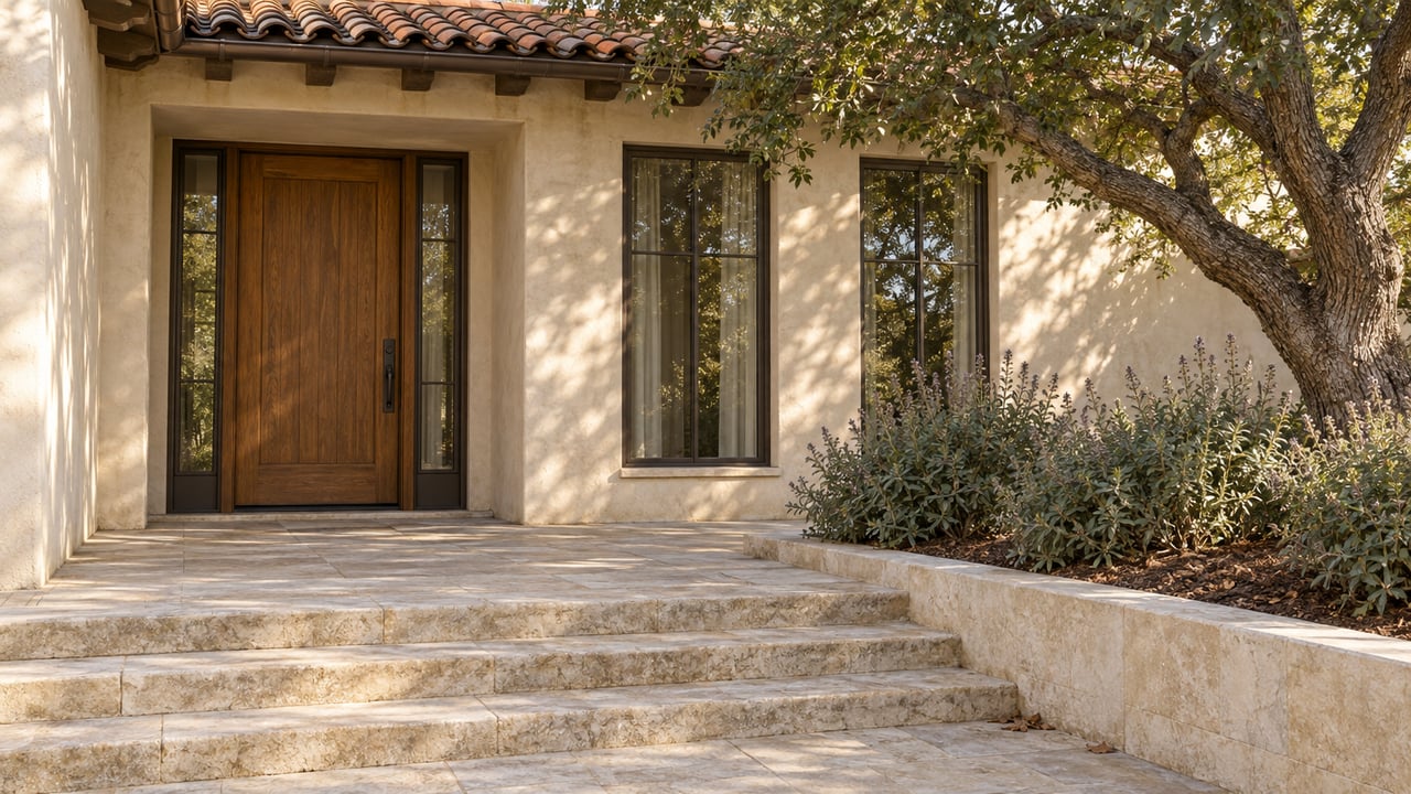 Clay-tile eaves shade an ivory stucco entry with an oak door, bronze-framed windows and broad limestone steps beside a mature oak.