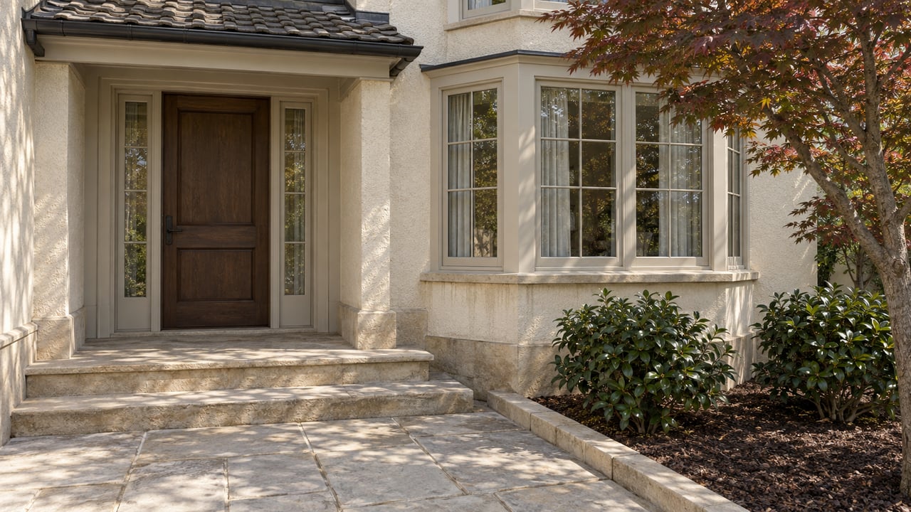 Warm ivory stucco home with a dark wood entry, glazed bay window, limestone terrace and a sculptural Japanese maple.