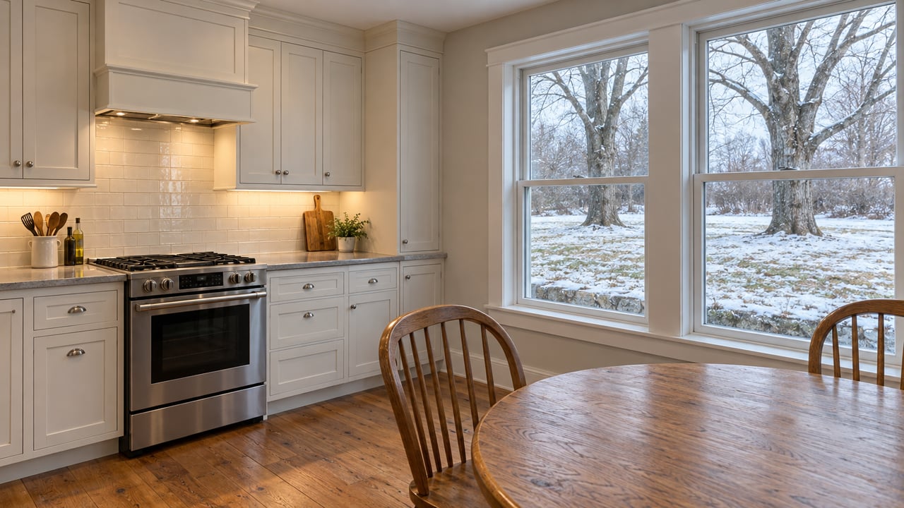 Winter daylight falls across an oak dining table and warm wood floors beside an off-white shaker kitchen and closed windows overlooking snow-dusted lawn.