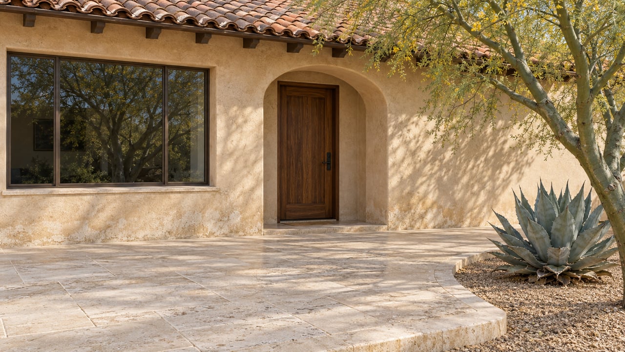 An arched walnut entry and bronze-framed window overlook a limestone terrace beside a blue palo verde and compact agave.
