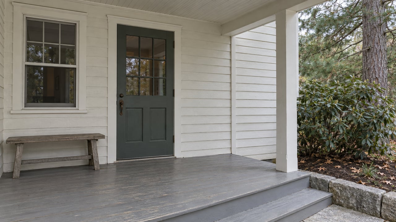 A sheltered clapboard entry with a slate-green glazed door, weathered porch boards and granite steps beside a mountain laurel and white pine.