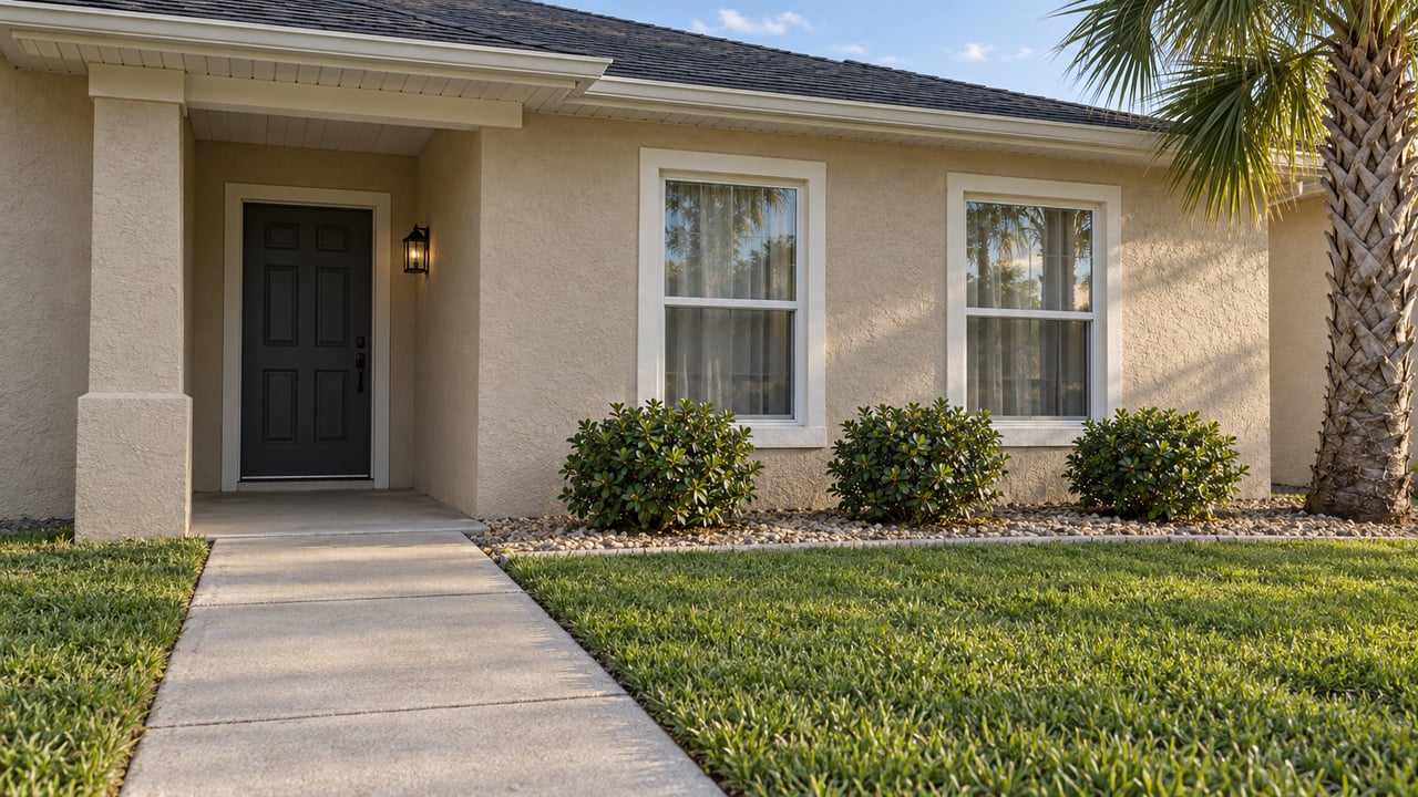 Low-angle view of a beige stucco home's shaded entry, white-framed windows, concrete approach and green lawn.