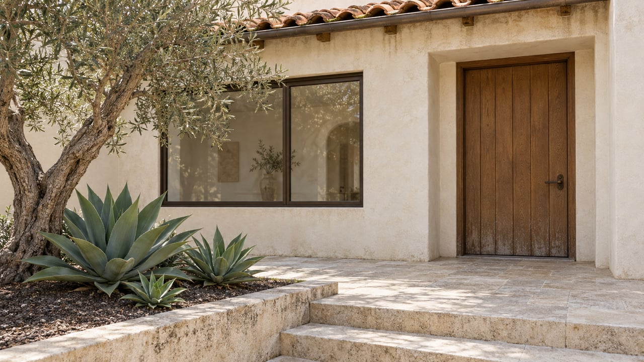 Cream stucco home entry with an oak door, bronze-framed window, limestone steps, an olive tree and sculptural agaves.