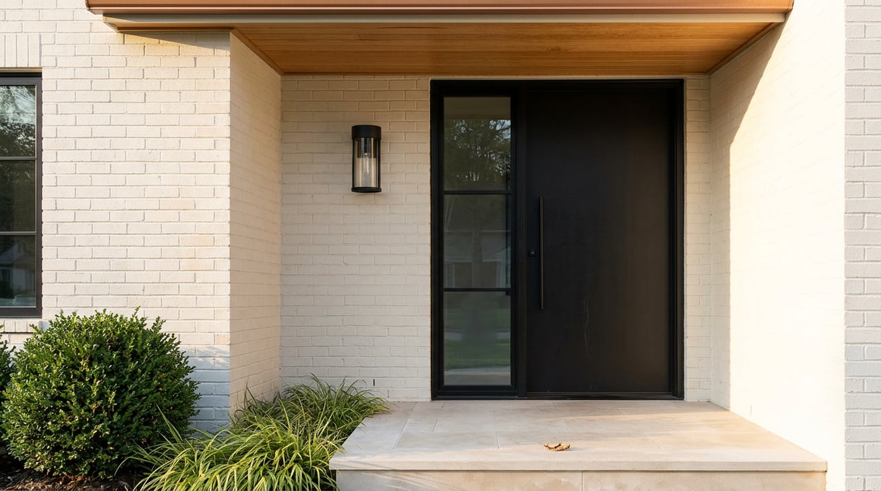 Recessed entry with a black door, steel-framed sidelight, brick pier, limestone step, and cedar soffit.