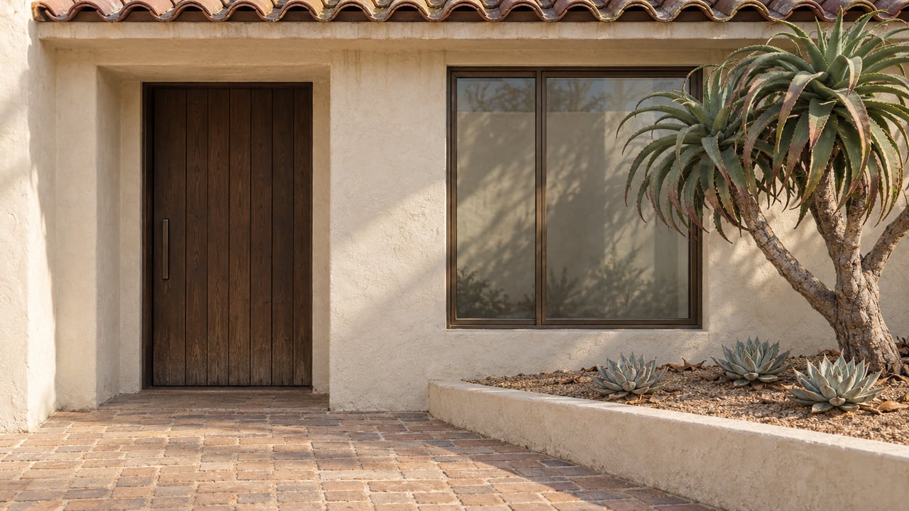 Cream stucco entry with a dark oak door, bronze-framed window, terracotta eave and sculptural aloe beside a brick approach.