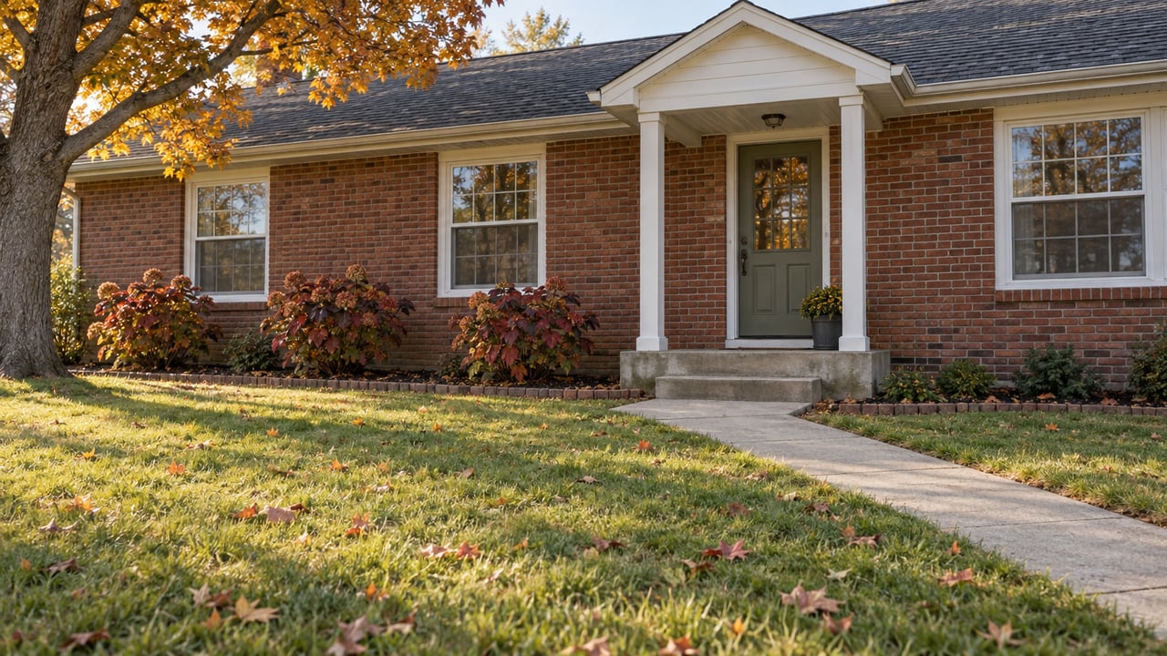Autumn sunlight on a brick ranch home with a sheltered green front door, broad lawn, and amber maple foliage.