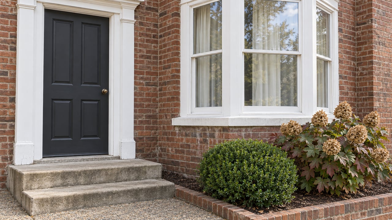 A charcoal front door with white trim beside a projecting bay window in a red-brown brick home, with concrete steps and a small edged planting bed.