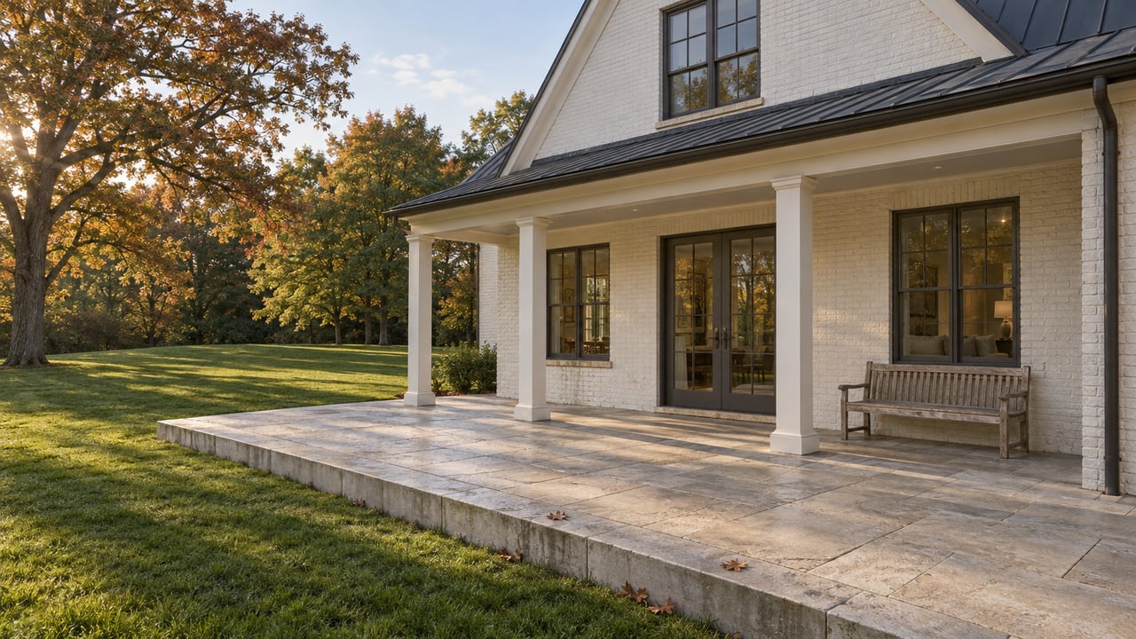 Warm-white gabled home with a covered rear porch and limestone terrace overlooking a deep lawn and mature autumn trees.