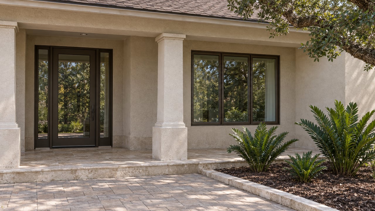 A shaded sand-colored stucco entrance with brown shingles, a bronze-framed glass door, limestone steps and native planting.