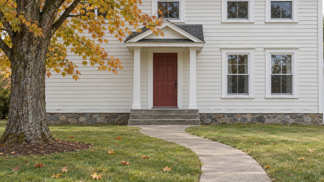 Ivory clapboard house with a muted red front door, fieldstone foundation, concrete approach and autumn sugar maple beside a deep front lawn.