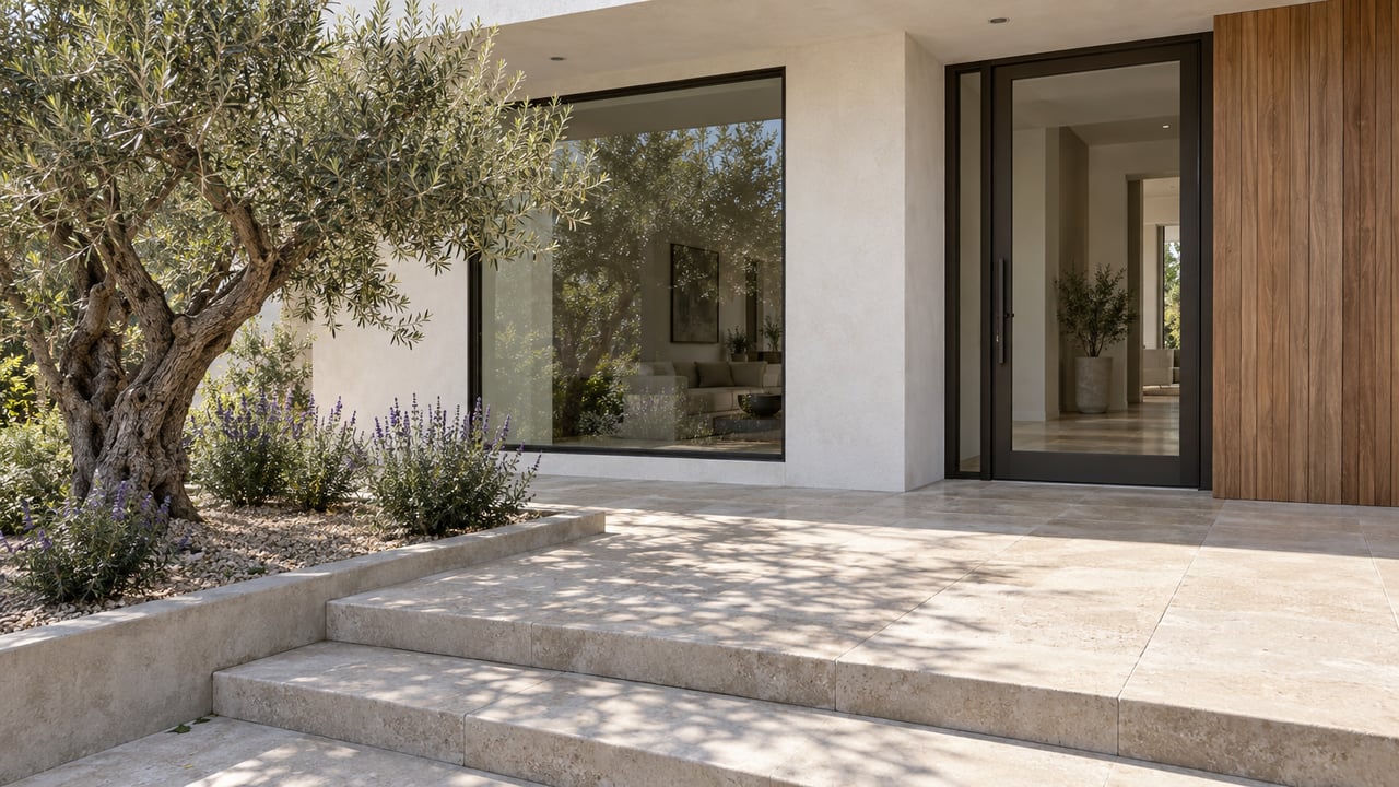 Sunlit stucco estate entrance with bronze-framed glazing, limestone steps, and a mature olive in a curbed planting bed.
