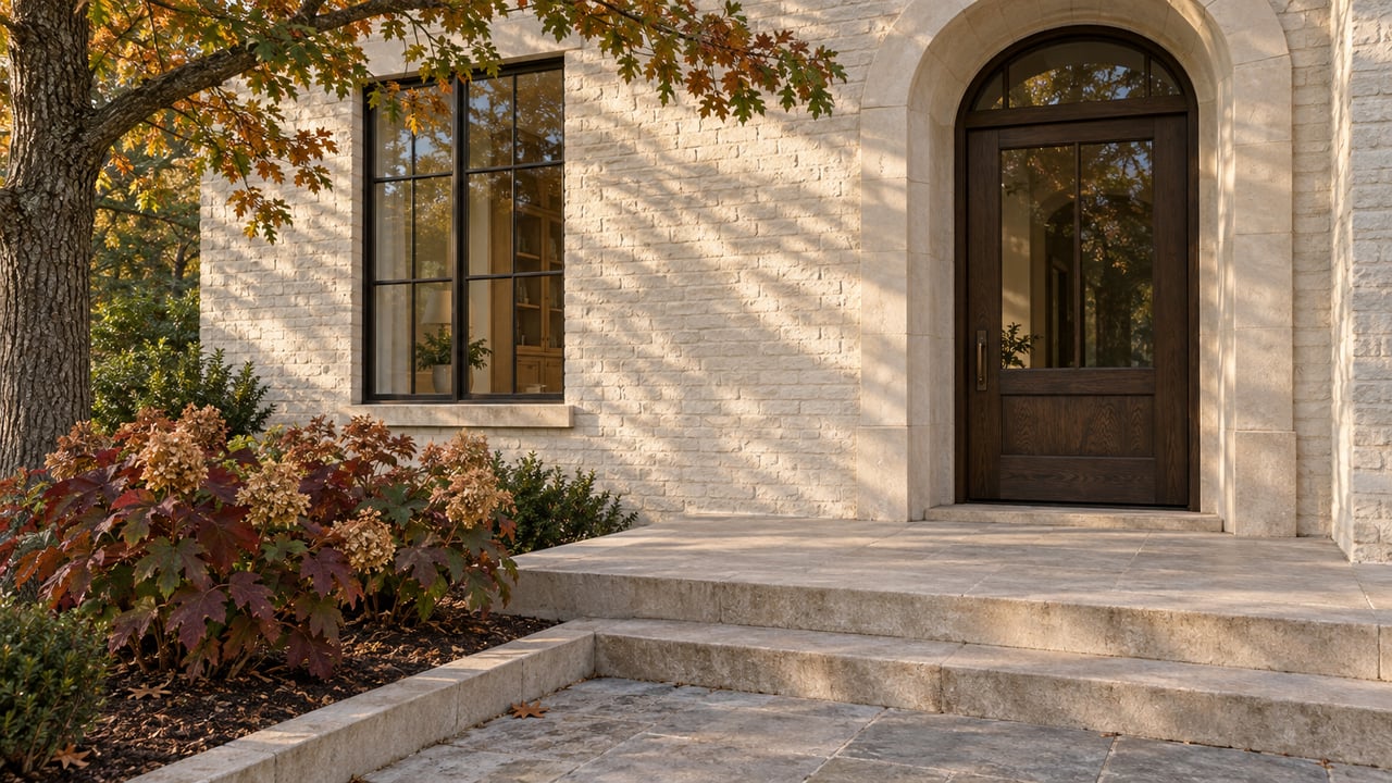 Cream-painted brick home entry with an arched glazed oak door, limestone steps and autumn oakleaf hydrangeas.