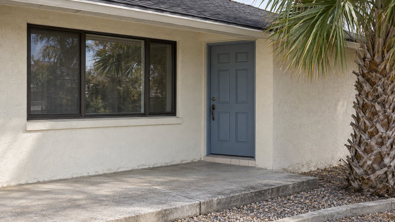 Cream stucco entry with a blue-gray door, bronze-framed window, concrete porch, and palm at the edge.