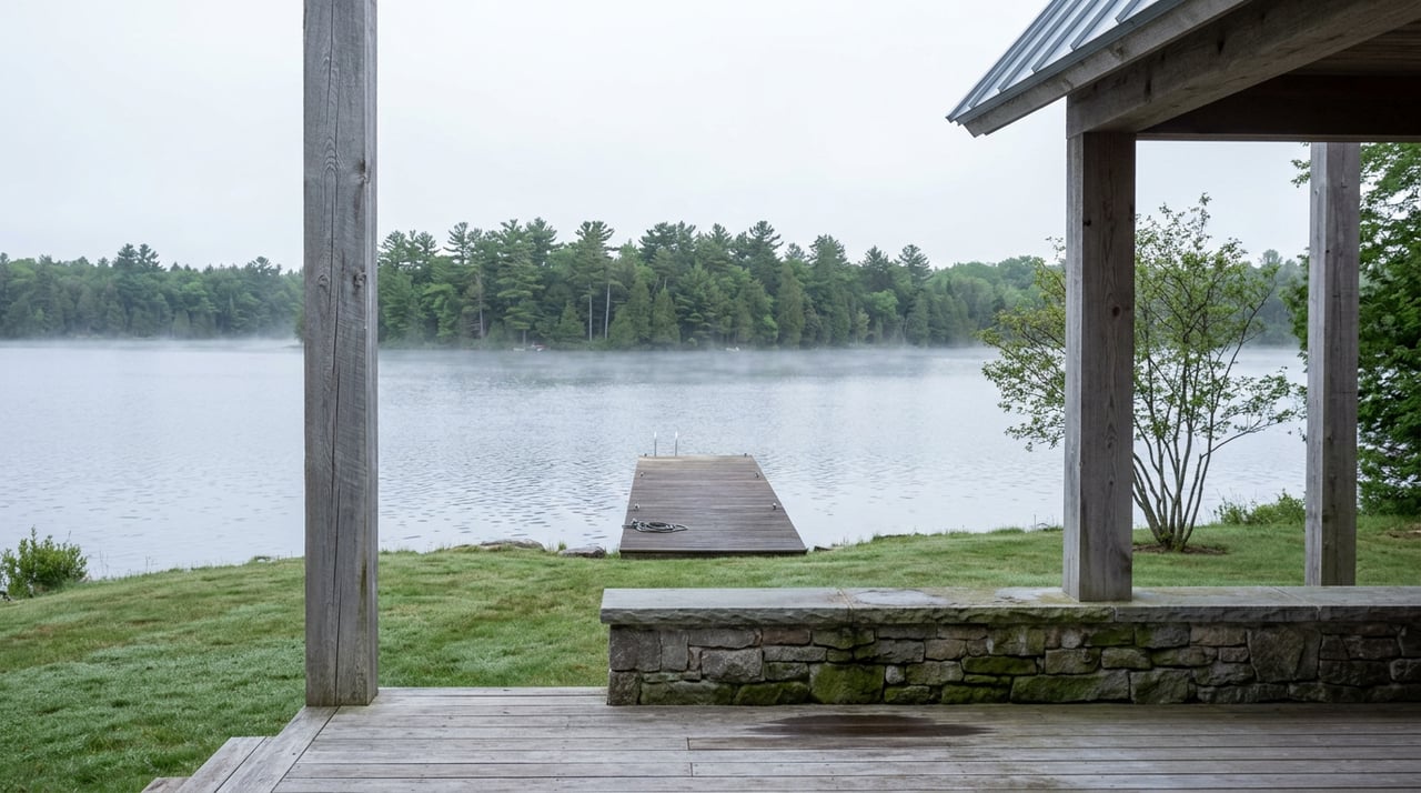 Covered lakeside porch frames a lawn, wooden dock, calm water, and distant pine and cedar trees.
