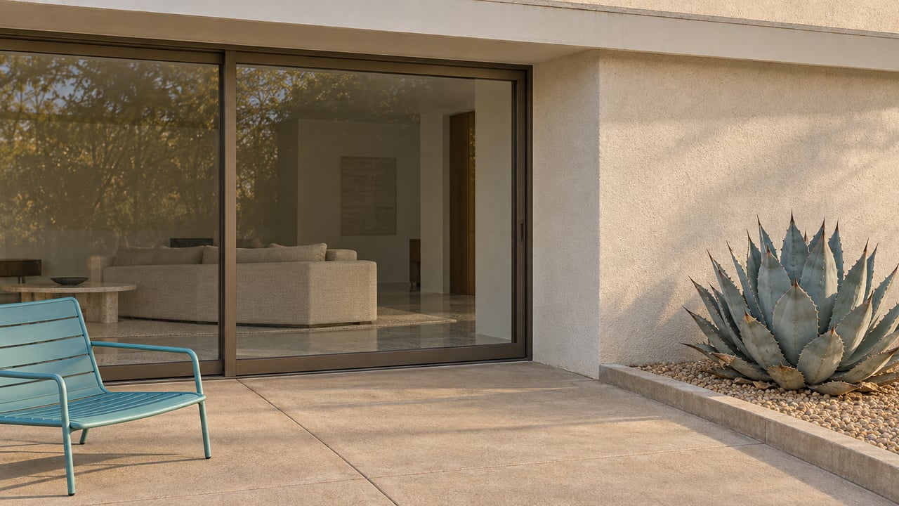 Warm sunlight grazes a low stucco home's glazed patio doors beside a turquoise lounge chair and a blue-gray agave in a gravel bed.