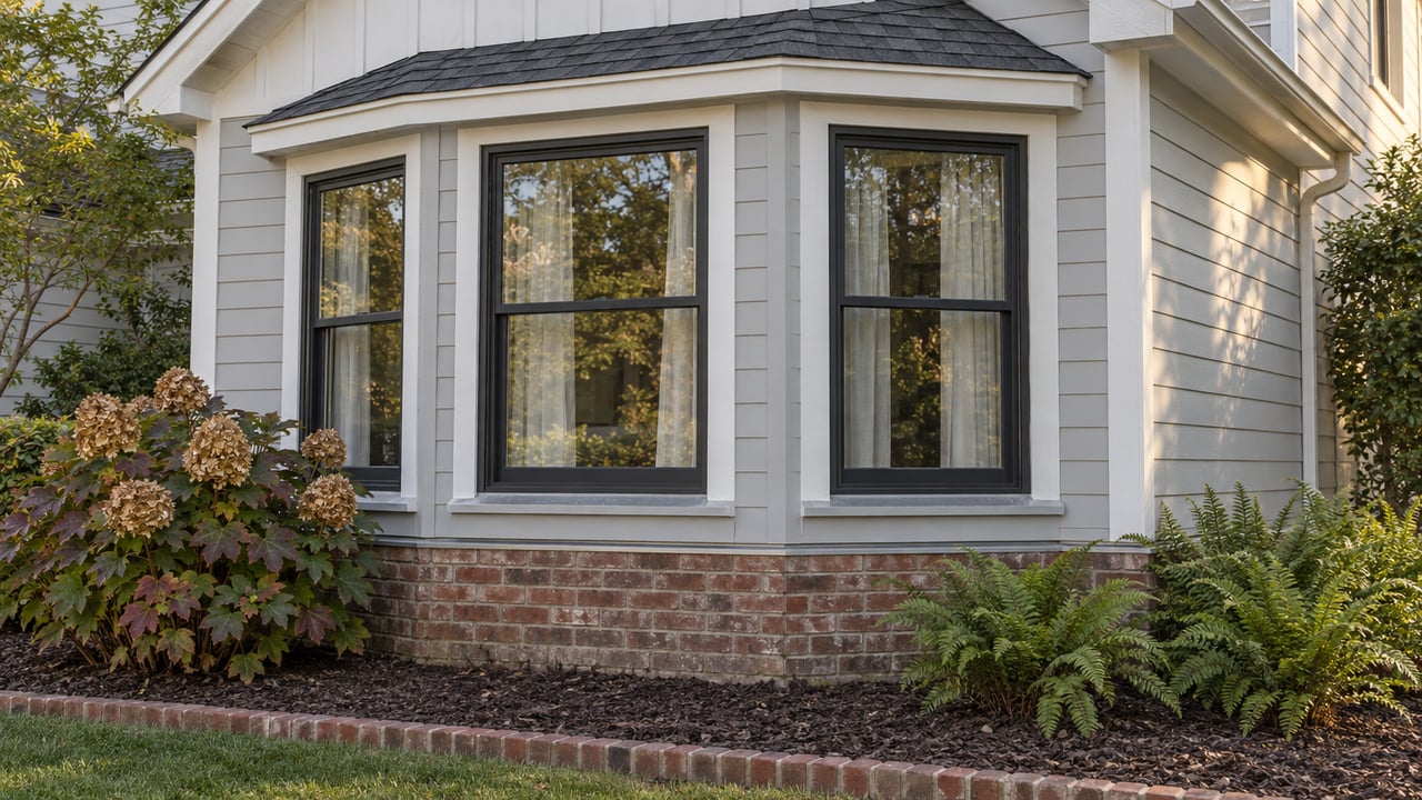 Close exterior view of a pale-gray home’s three-window bay above a weathered brick foundation, with oakleaf hydrangea and ferns.