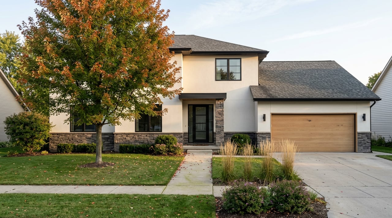 Two-story stucco-and-stone house with a wood-paneled garage, beside an orange-red maple tree.
