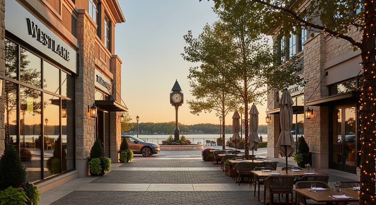 Brick storefronts and outdoor dining line a pedestrian street leading to a clock and waterfront.