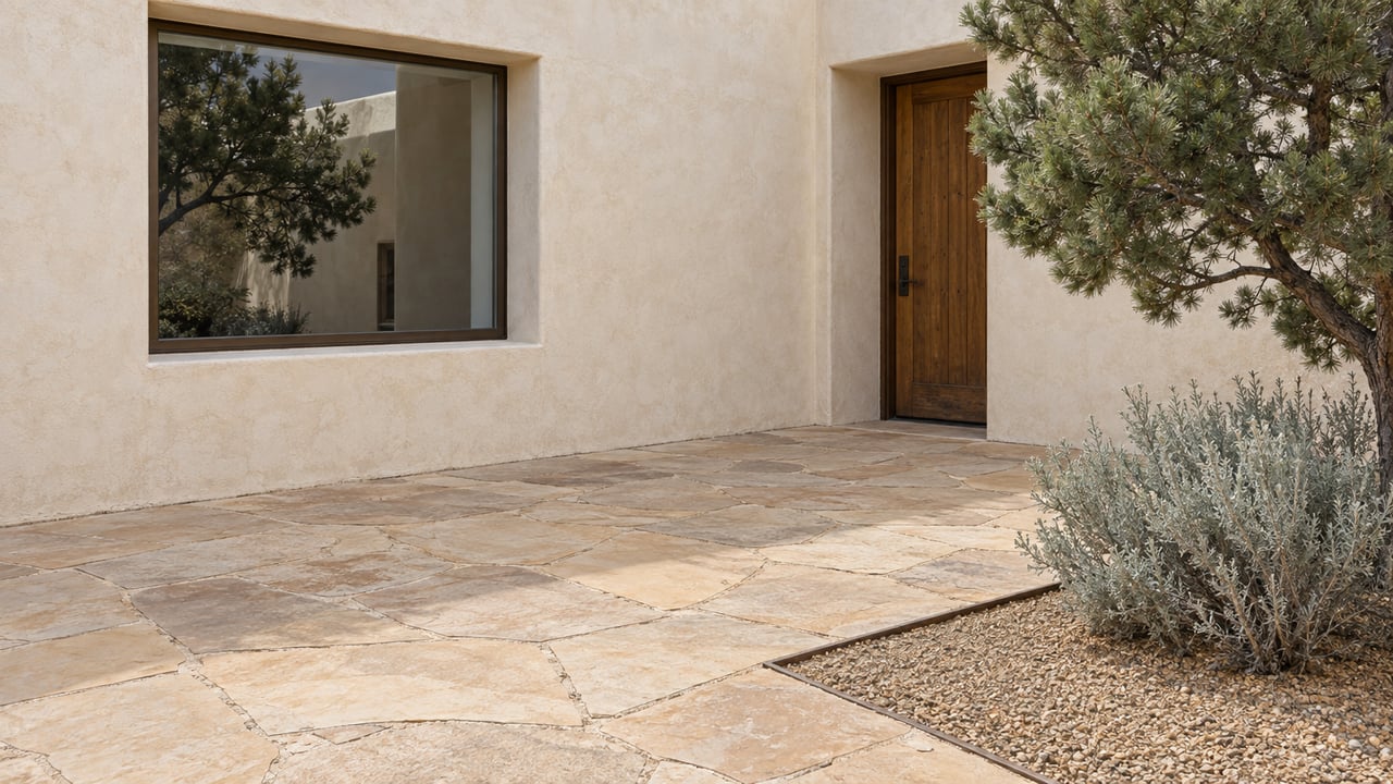 Cream stucco courtyard with a recessed timber door, sandstone paving, and pinyon pine beside a gravel bed.