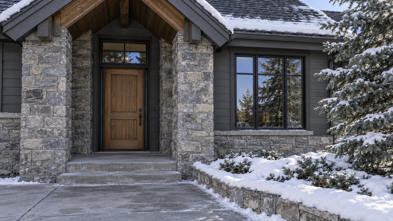 Gray stone and charcoal-sided residence with a sheltered oak entrance, dark-framed window, cleared concrete steps and light snow beneath a blue-green spruce.