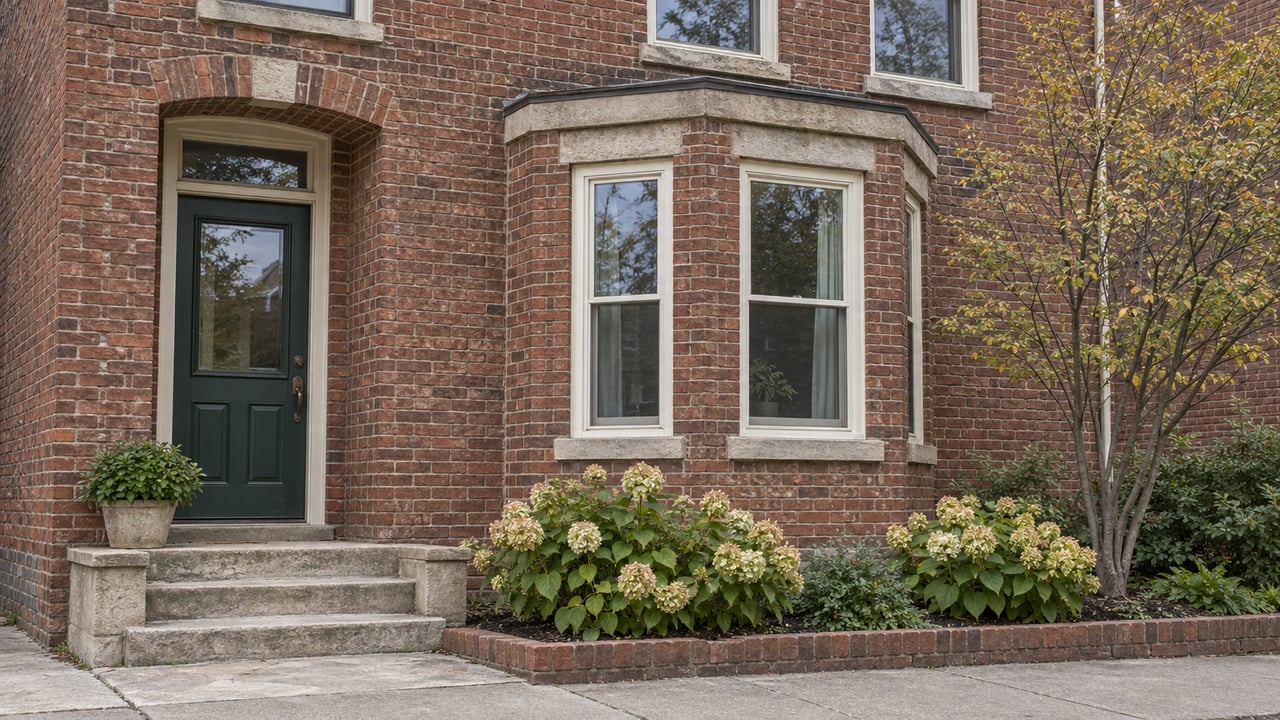 Historic brick house with a recessed green door, three-window bay, stone steps, and flowering shrubs.