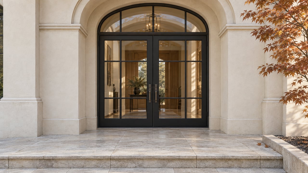 Ivory stucco arched entrance with paired black steel-glazed doors, pale stone steps and copper maple leaves.