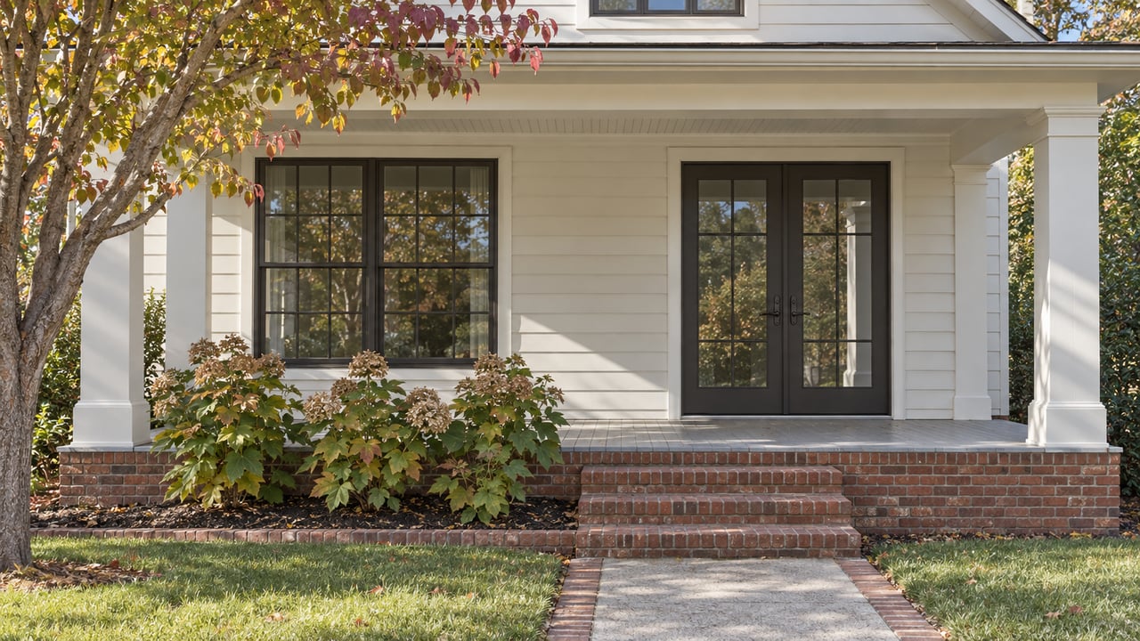 Brick steps lead to a raised porch with ivory siding, dark-framed French doors, a broad window and oakleaf hydrangeas.