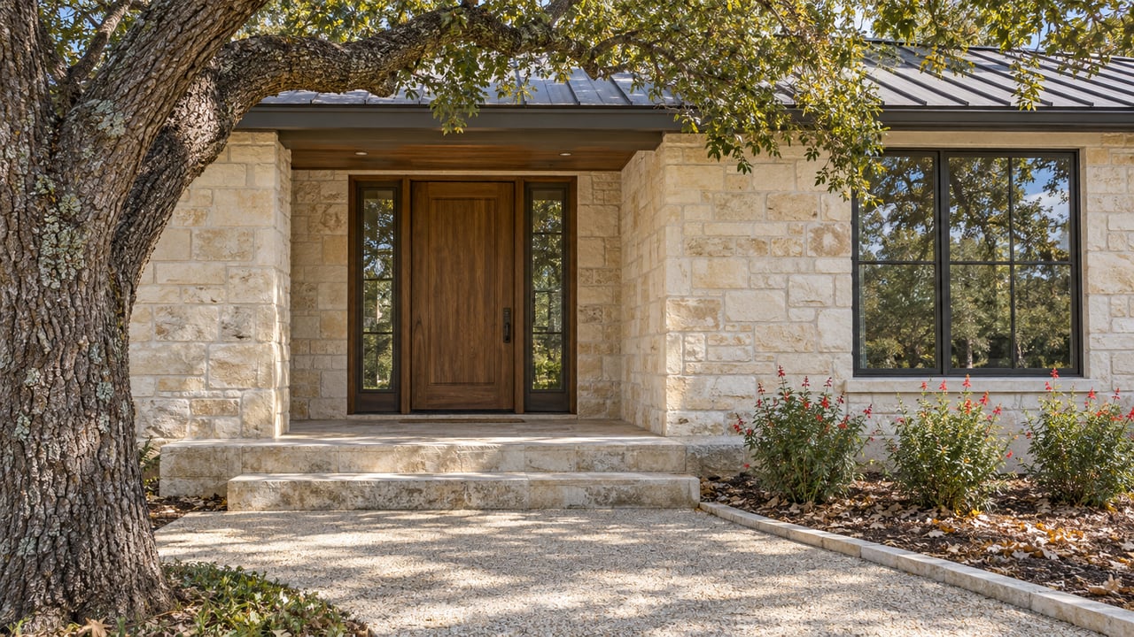 Limestone home entry with a warm oak door, shaded stone steps and a mature live oak beside the garden approach.