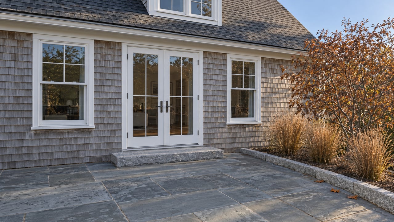 Weathered cedar-shingle cottage with white-trimmed windows and closed glass doors above a bluestone terrace, beside copper-leaved beach plum and tawny little bluestem.