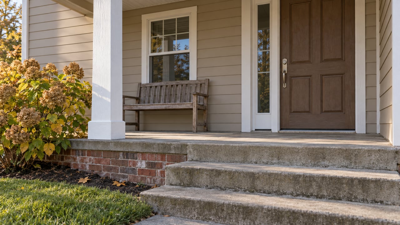 Covered front porch with beige siding, a brown wood door, weathered concrete steps, and an autumn hydrangea beside the brick foundation.