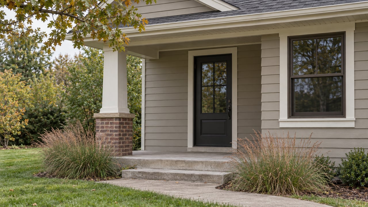 Modest putty-sided home with a covered porch, dark entry door, brick pier, and oak branch overhead.