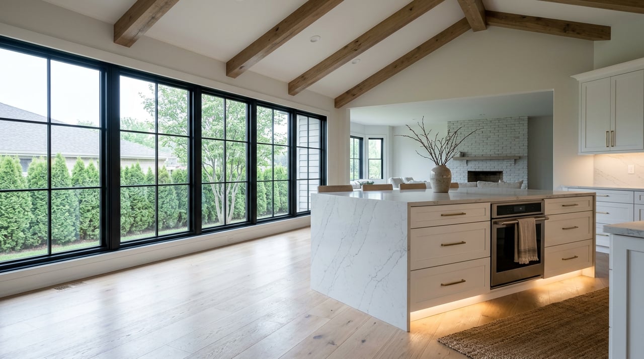 White shaker kitchen with a veined quartz island, exposed wood beams, and black-framed windows overlooking trees.