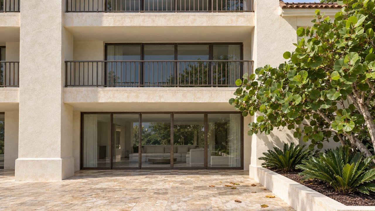 Three-story pale stucco condominium with stacked balconies, bronze-framed glass doors, and a leafy raised planting bed.