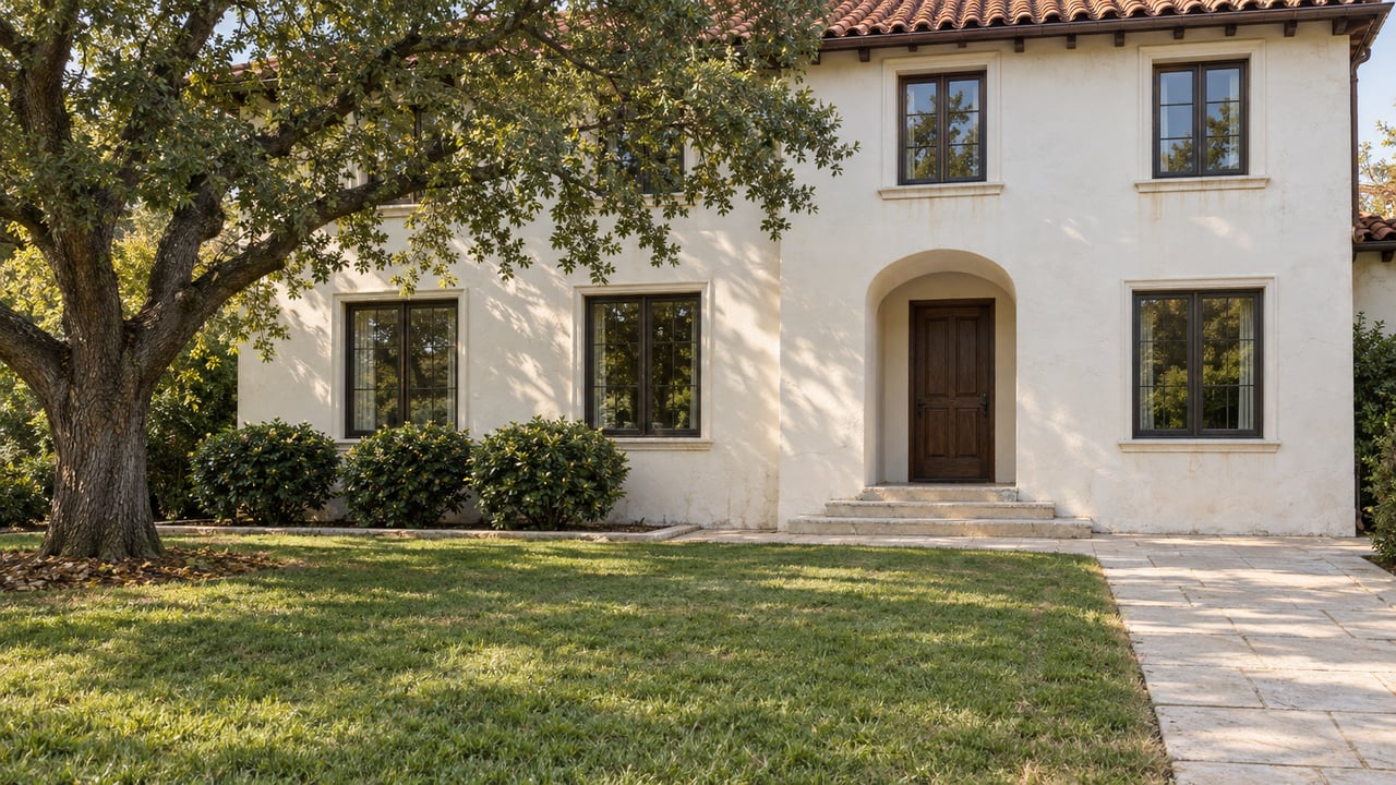 A cream stucco two-story home with red barrel-tile eaves, dark casement windows and a limestone approach across a deep front lawn beneath a mature oak.