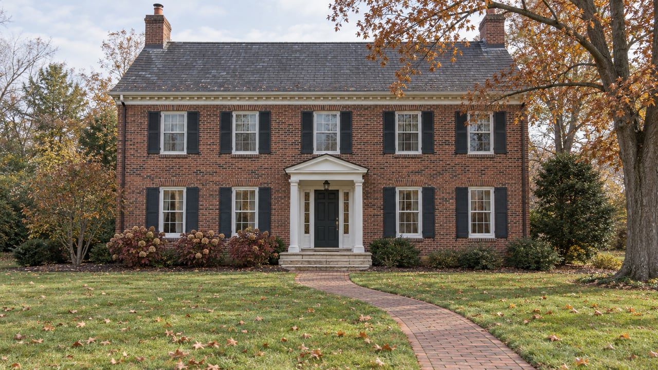 A brick house with white trim and a slate roof across a deep autumn lawn beside a mature maple.